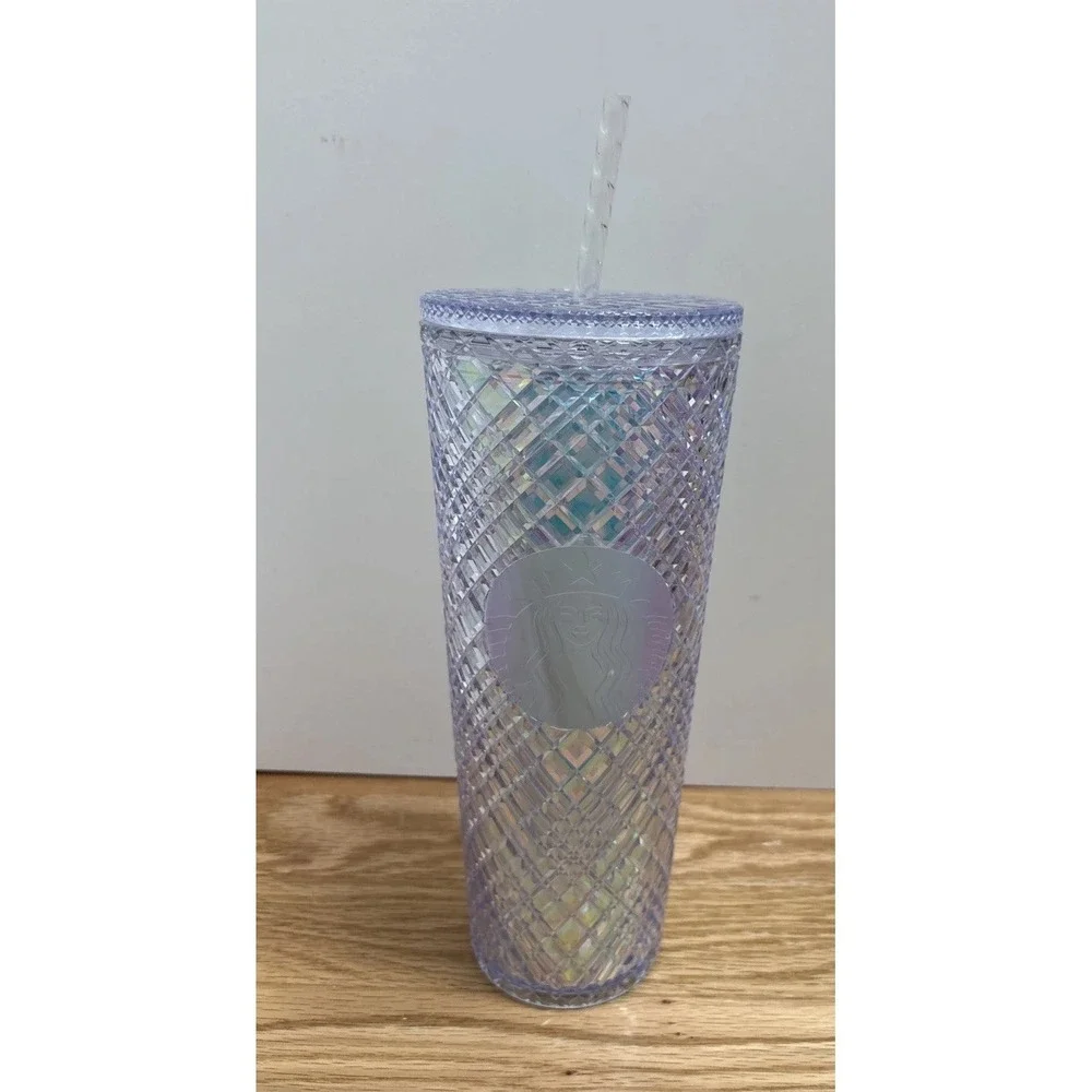 Starbucks White Iridescent‎  24oz Tumbler Winter Lid Straw Diamond Pattern Jewel